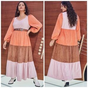 Shein Curve Color Block Sweetheart Neck Tiered Maxi Dress Lantern Sleeve 4XL